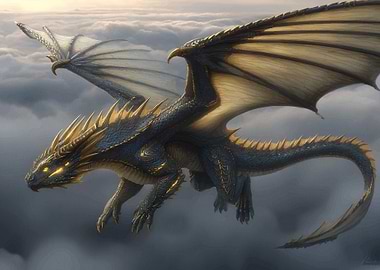 Blue and Gold Dragon in Clouds