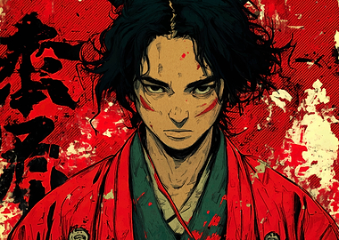 Anime Warrior Portrait with Red Background