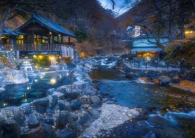 Japanese Onsen Resort by River
