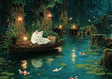Cat reading in a magical forest