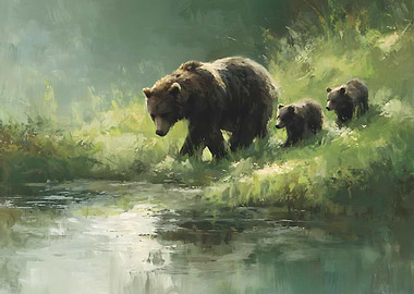 Brown Bear and Cubs near Water
