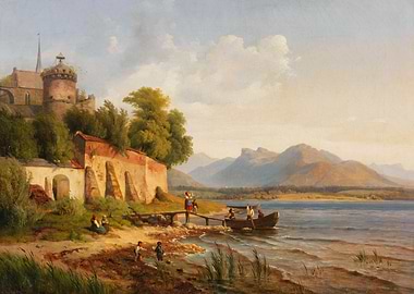 Lakeside Scene with Figures and Castle