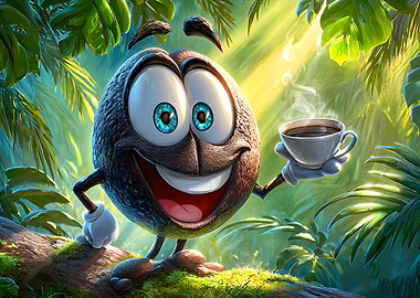 Cartoon Coffee Bean Character in Jungle