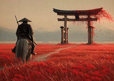 Samurai on Horseback Through Red Field