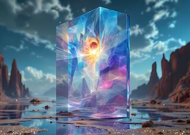 Abstract Crystal Cube in Desert Landscape