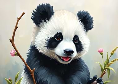 Cute Panda with Flowers Illustration