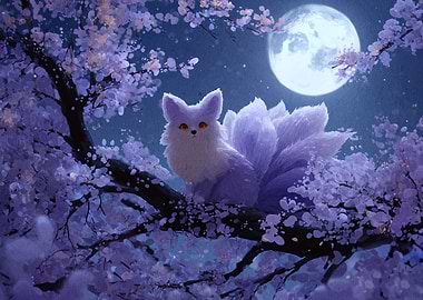 Nine-tailed fox in cherry blossoms