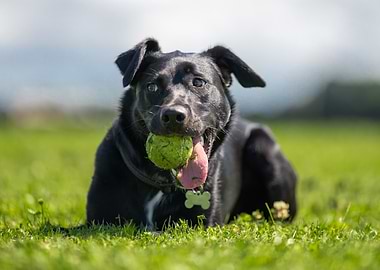 Black Dog with Ball in Mouth