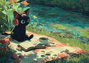 Cat with Headphones by the River