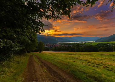 Sunset over a rural landscape, Beskidy, Poland