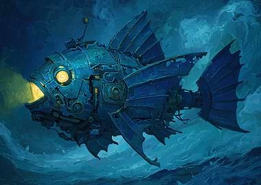 Steampunk Mechanical Fish in Ocean Painting
