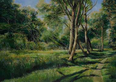 Sunlit Forest Path Painting