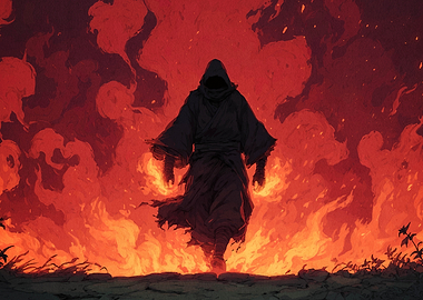 Hooded Figure Amidst Fire and Smoke