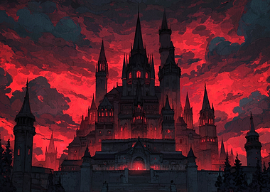 Dark Castle with Red Sky