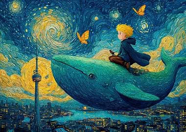Boy riding whale over city, Van Gogh