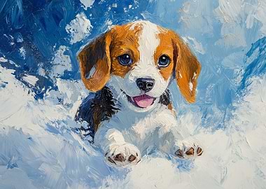 Beagle Puppy Oil Painting | Playful Winter Beagle