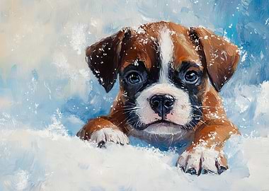 Boxer Puppy in Snow Painting | Winter Puppy Love