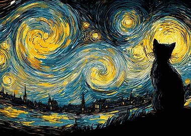 Starry Night Cat Silhouette