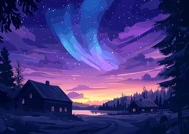 Aurora Borealis Cabin Landscape