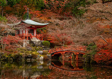 Japanese Temple and Bridge in Autumn