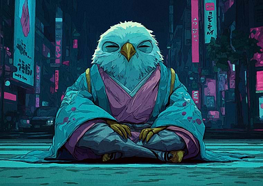 Meditating Owl in Cyberpunk Cityscape