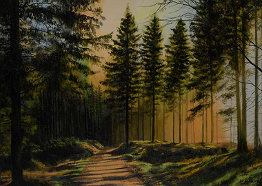 Sunlit Forest Path Painting