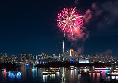Tokyo Fireworks Over Rainbow Bridge