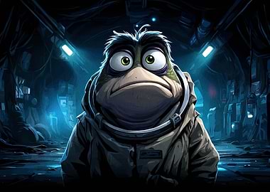Cartoon Frog Astronaut in Dark Corridor