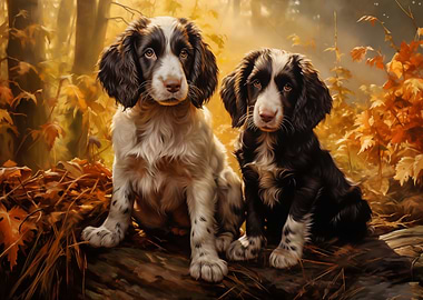 Two English Springer Spaniels in Autumn Forest