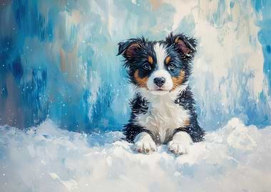 Cute Puppy in Winter Painting | Winter Border Collie in Snow