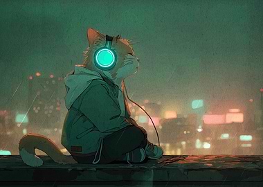 Cat with Headphones in Rainy City