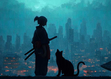 Samurai Girl and Cat in Rain