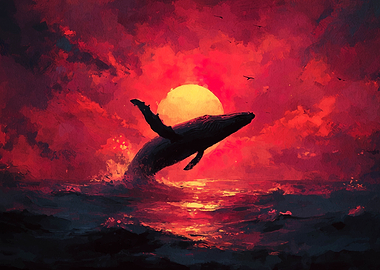 Whale breaching at sunset