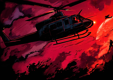 Helicopter in Red Sky