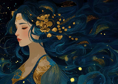 Elegant Woman with Flowing Blue Hair