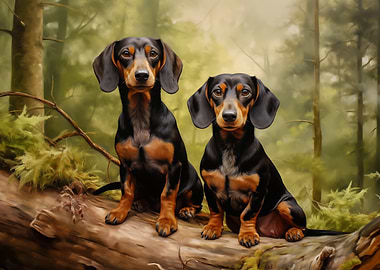 Two Dachshunds on a Log