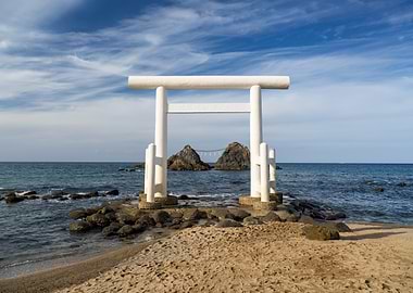 White Torii Gate on Fukuoka Beach