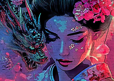 Geisha and Dragon Digital Art