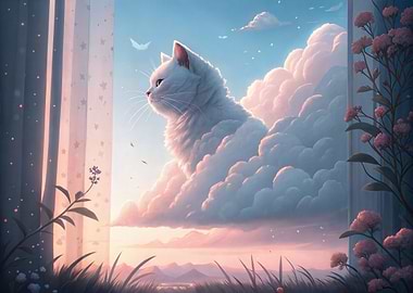 Dreamy Cat in Clouds from Window