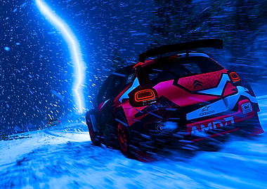 Rally Car Racing in Snowy Weather