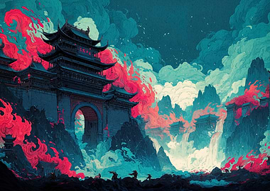 Asian Landscape with Temple and Figures