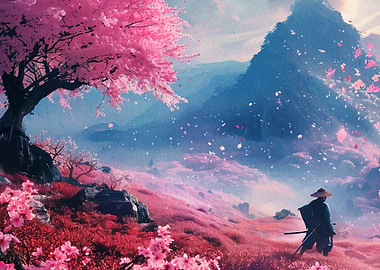 Samurai in Cherry Blossom Landscape