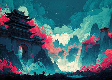 Asian Landscape with Warriors and Architecture