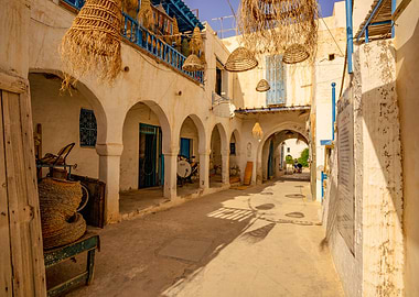 Tunisian street with straw decorations