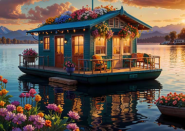 Floating Flower House on Lake at Sunset