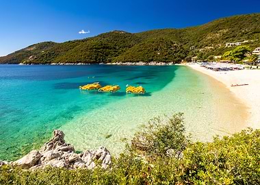 Beautiful Beach with Yellow Pedal Boats, Greek Island