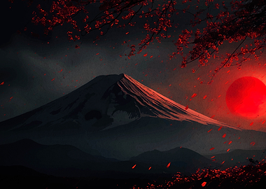 Mount Fuji with Red Sun and Blossoms