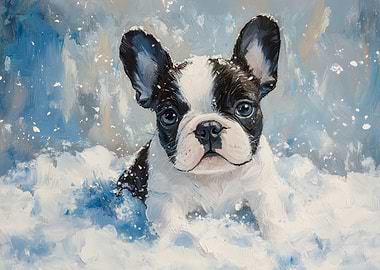 Boston Terrier Puppy in Snow Painting | Snowy dog decor