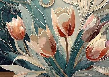 Elegant Tulips Painting in Teal and Peach
