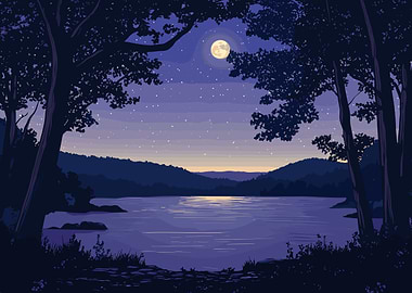 Night Lake Landscape with Moon